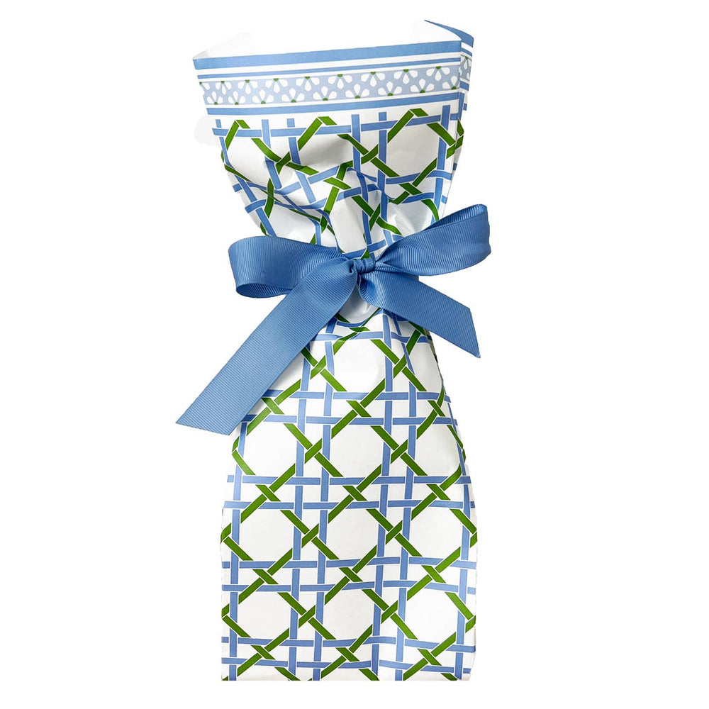 Blue + Green Basketweave Paper Wine Bags S/8