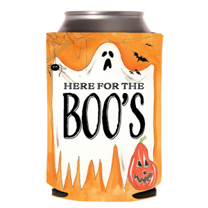 Halloween orange can cooler with white ghost with "Here for the Boo's" in black lettering.