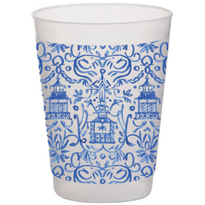 Frosted  cup with blue pagoda and blue swirls design which wrap the entire cup.