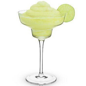 Frozen margarita in traditional margarita glass with a lime garnish.