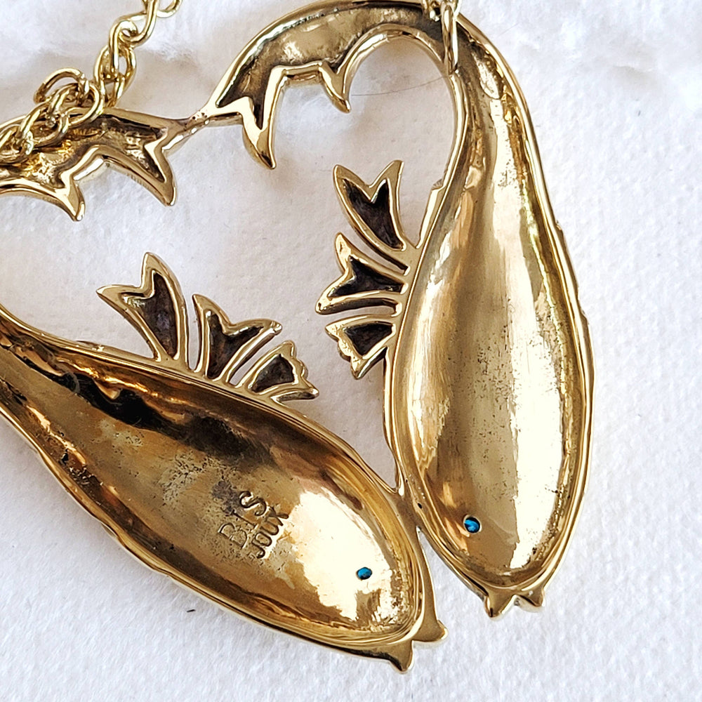 Brass double fish  heart aquamarine pendant Necklace