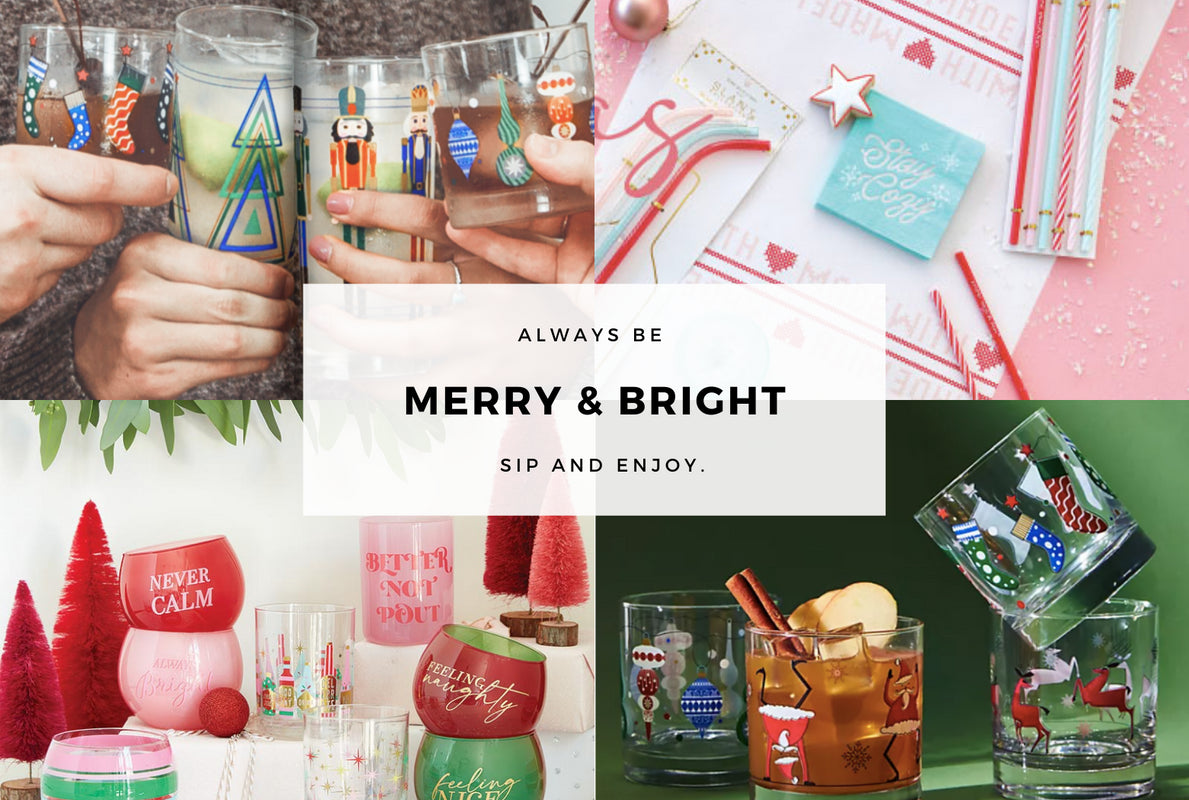 Merry and Bright this Christmas featuring The Modern Home Bar drinkware, Christmas roly poly glasses by Slant Collection, and Christmas straws.