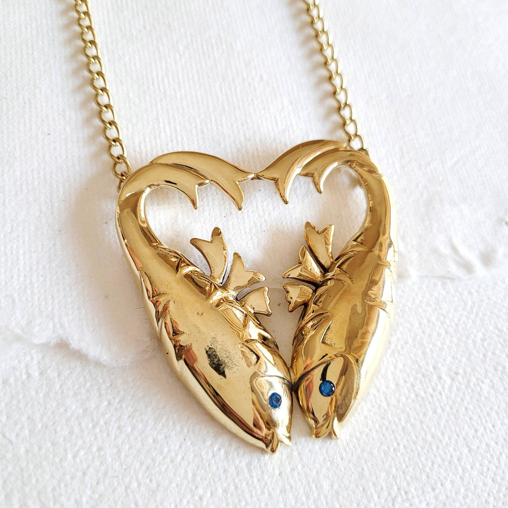 Brass double fish  heart aquamarine pendant Necklace