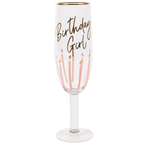 Celebrate your favorite girl by giving her a huge toast!!!  This large size Birthday Girl champagne flute by 8 Oak Lane has a gold rim and pink birthday candles with gold flames making it a beautiful to any birthday bar.   Size: 30oz Hand Wash