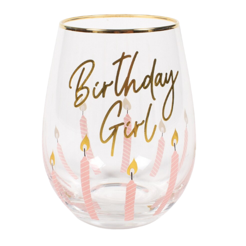 Celebrate your favorite girl by giving her a toast!!!  This Birthday Girl wine glass by 8 Oak Lane has a gold rim and pink birthday candles with gold flames making it both fun and functional.  A perfect addition to any birthday bar.   Size: 20oz Hand Wash