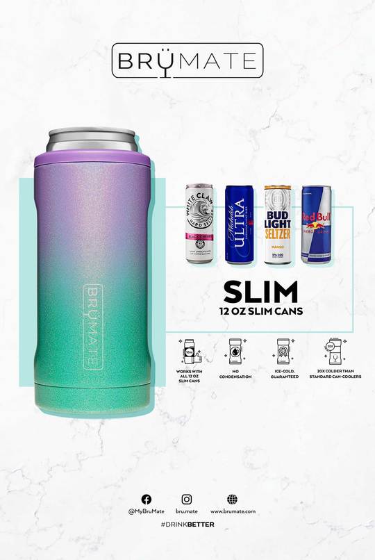 Illustration of skinny can cooler with White Claw, Michelob Ultra, Bud Light Selzer,  and Red Bull.