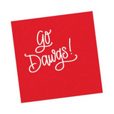 Red Go Dawgs cocktail napkins with white handwritten lettering.