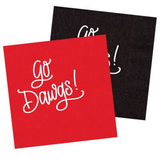 Go Dawgs red and black cocktail napkins with white lettering.