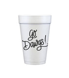 Go Dawgs foam cup with black handwritten lettering.