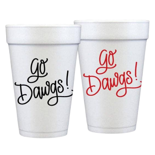 Go Dawgs foam cups with red and black handwritten lettering.