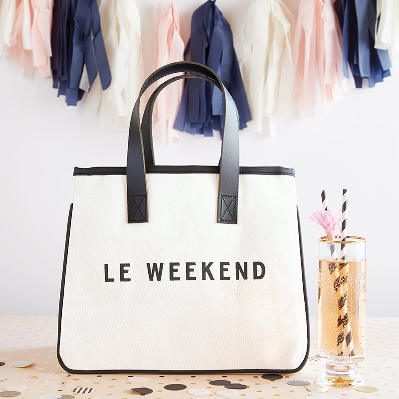 Le Weekend tote with cocktail.