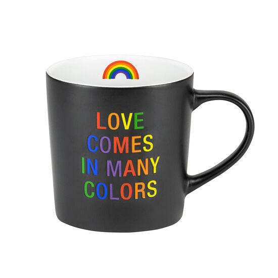 Love Comes in Many Colors! Share your pride, have a hot toddy, and toast to love and happiness.  This colorful rainbow decal stoneware mug features a beautiful message making a beautiful statement!   Size: 18oz Dishwasher Safe
