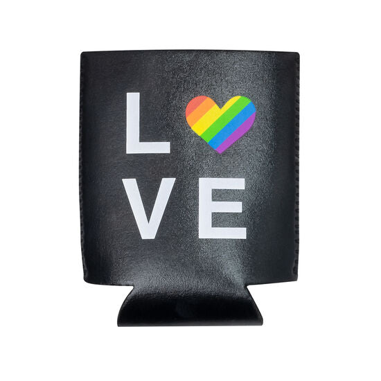 Just love! Share your pride and toast to love and happiness with this metallic silver koozie featuring a rainbow on the front and back. Constructed from high quality neoprene keeping your beverage cold and tasty.  Neoprene Size: 4.75"L x 4"W Fits standard 12oz cans
