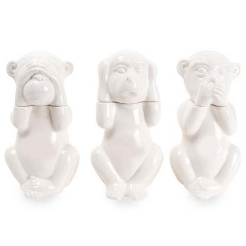 Cute monkey decanters in white ceramic by 8 Oak Lane.  Each monkey either hears no evil, sees no evil, or speaks no evil. In other words, what happens at the party, stays at the party.