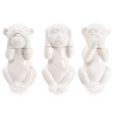 Cute monkey decanters in white ceramic by 8 Oak Lane.  Each monkey either hears no evil, sees no evil, or speaks no evil. In other words, what happens at the party, stays at the party.