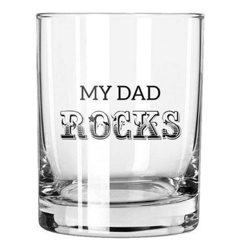 "My Dad Rocks" Make every sip of his a memorable one with a rocks glass that reminds him of what an awesome man he is.     Capacity: 13.5oz Glass Hand Wash Only Made in the USA!  I'll drink to that!