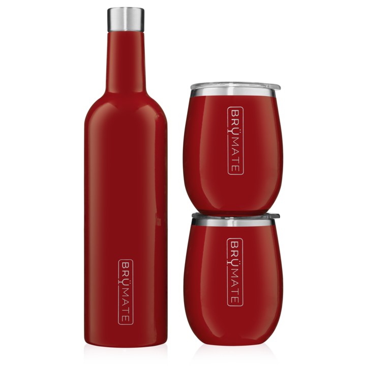 This red wine set is the perfect gift for a friend or a treat for yourself! It's great for taking your wine to the beach, pool, outdoor symphony or any other glass-free place. The canteen holds a full bottle of wine and maintains the perfect temperature for over 24 hours. The wine tumbler holds a half bottle of wine and maintains the perfect temp from the first to the last sip!